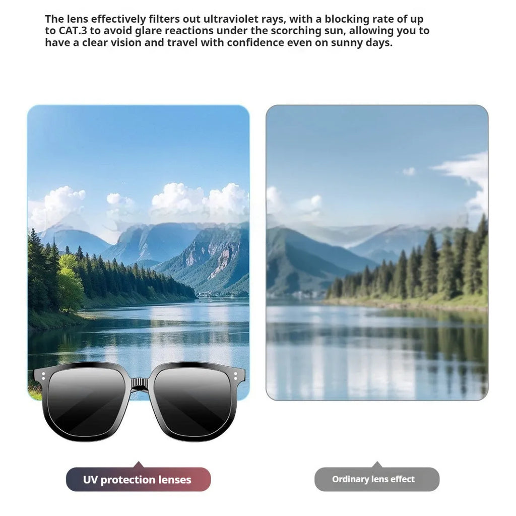 Black AI smart glasses with Bluetooth audio call functionality and UV protection sunglasses