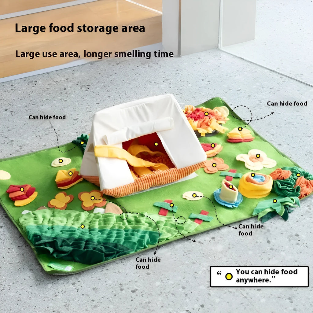 Themed dog sniffing mat with food hiding design for canine enrichment activities