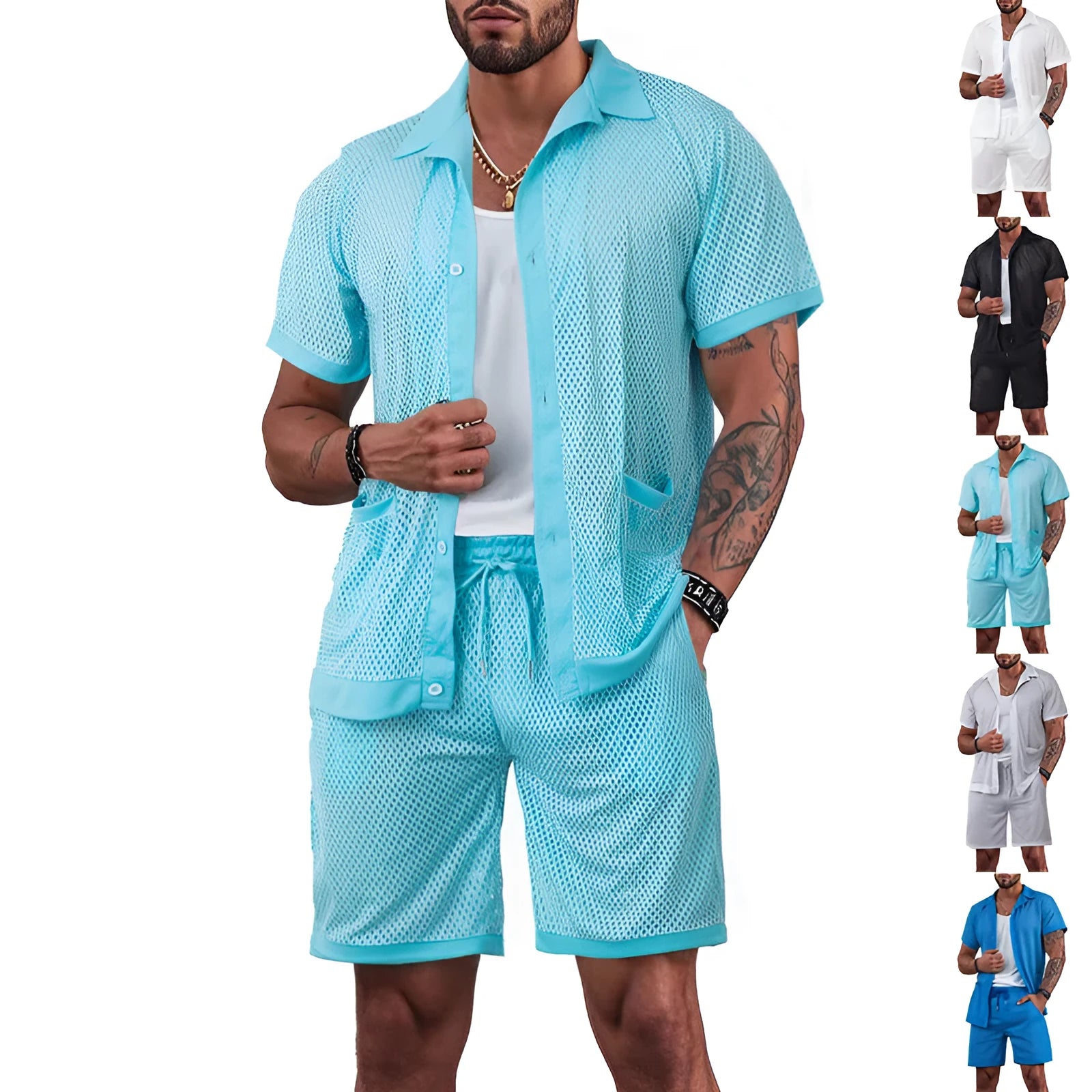 Women's thin polyester beach shorts suit with a see-through cardigan and matching shorts in lake blue.