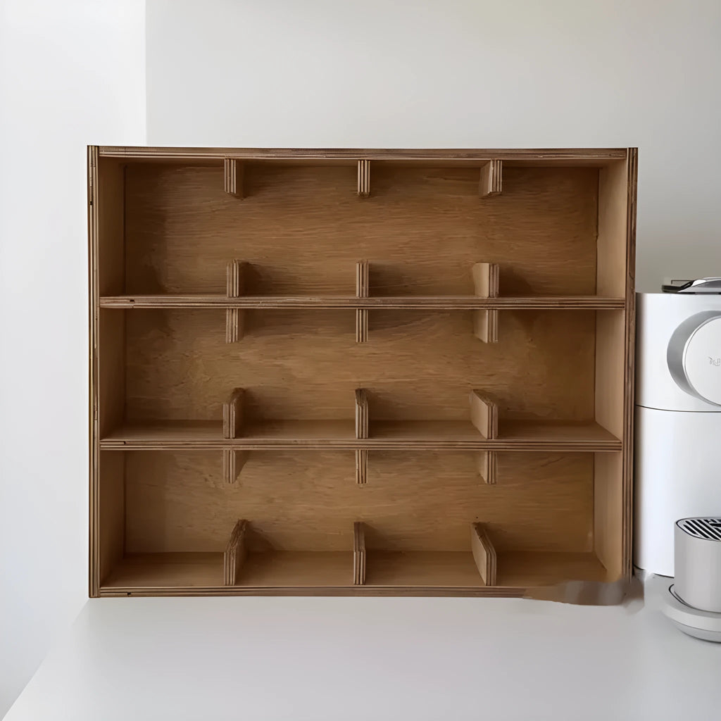 Square wooden cup storage rack with multi-layer grid design in birch finish