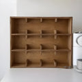 Square wooden cup storage rack with multi-layer grid design in birch finish