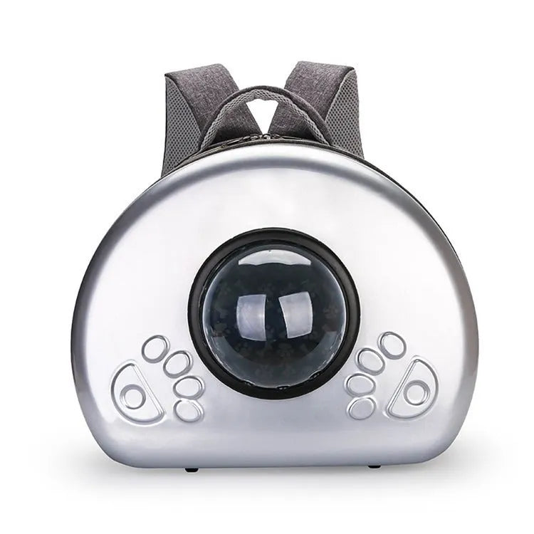 Transparent space capsule cat carrier bag with a metallic hard shell front cover