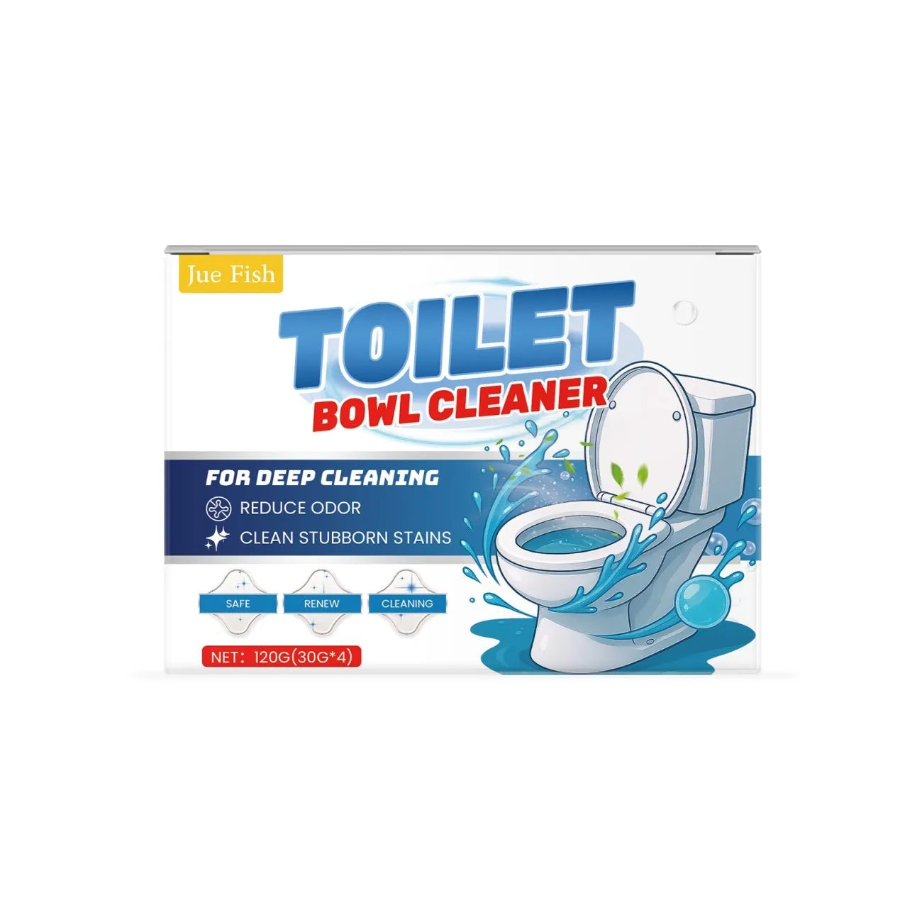 Box of toilet bowl cleaner powder showing four individual 30g sachets, 120g total pack