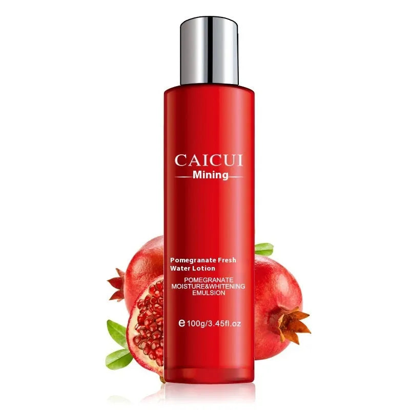 Red packaged pomegranate skincare set containing face wash, toner, lotion, and facial cream bottles.