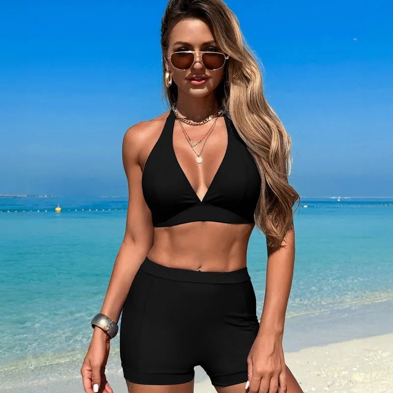 Women's split bikini swimsuit in nylon with polyester lining available in black pink purple blue for hot spring swimming