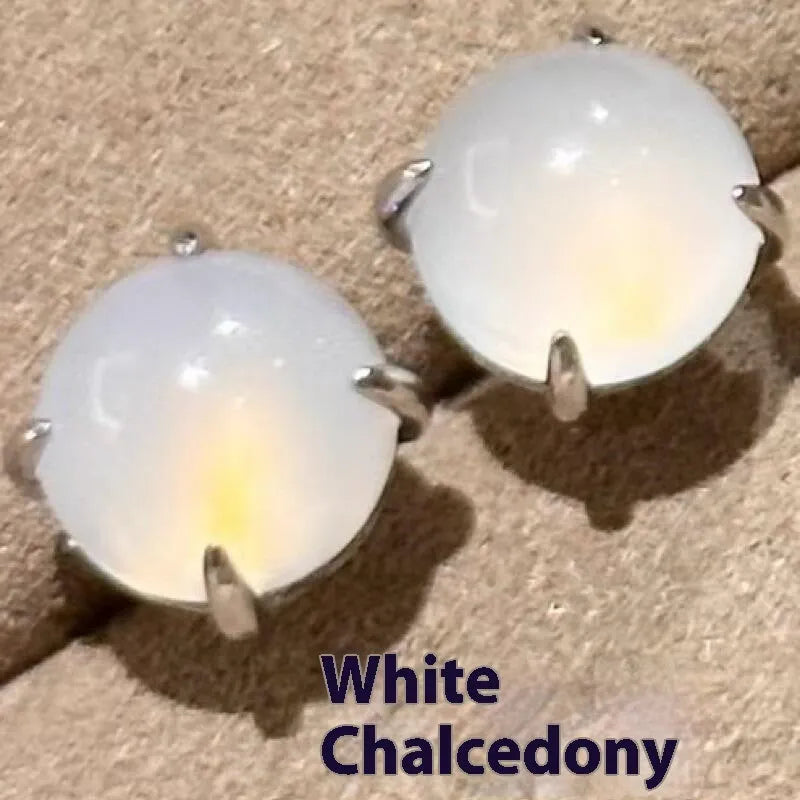 Round geometric chalcedony earrings with four-claw settings in three colour variations