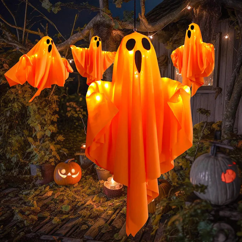 White and orange cloth ghost light with 4.5V button electronics for Halloween party arrangements