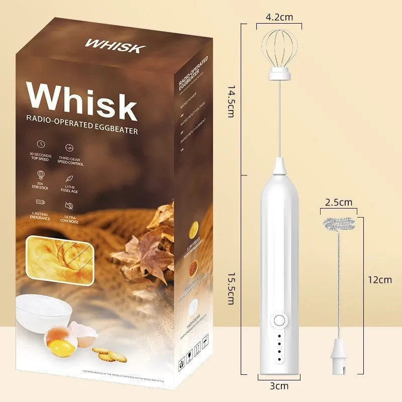 Mini handheld electric milk frother in black, white, or khaki colour with stainless steel whisk and USB port.