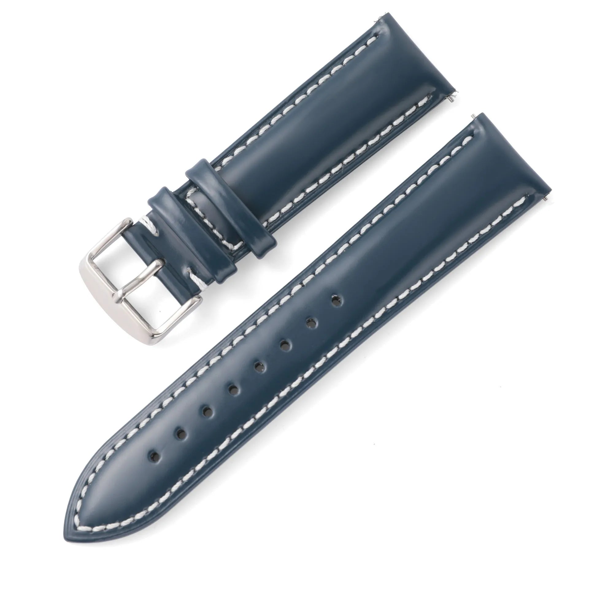 Quick release leather watch strap in bright cowhide, shown in various colours and widths on a watch