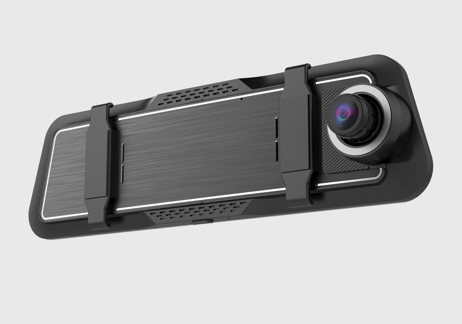 Dual-lens driving recorder with 9.66-inch touchscreen installed at rearview mirror position