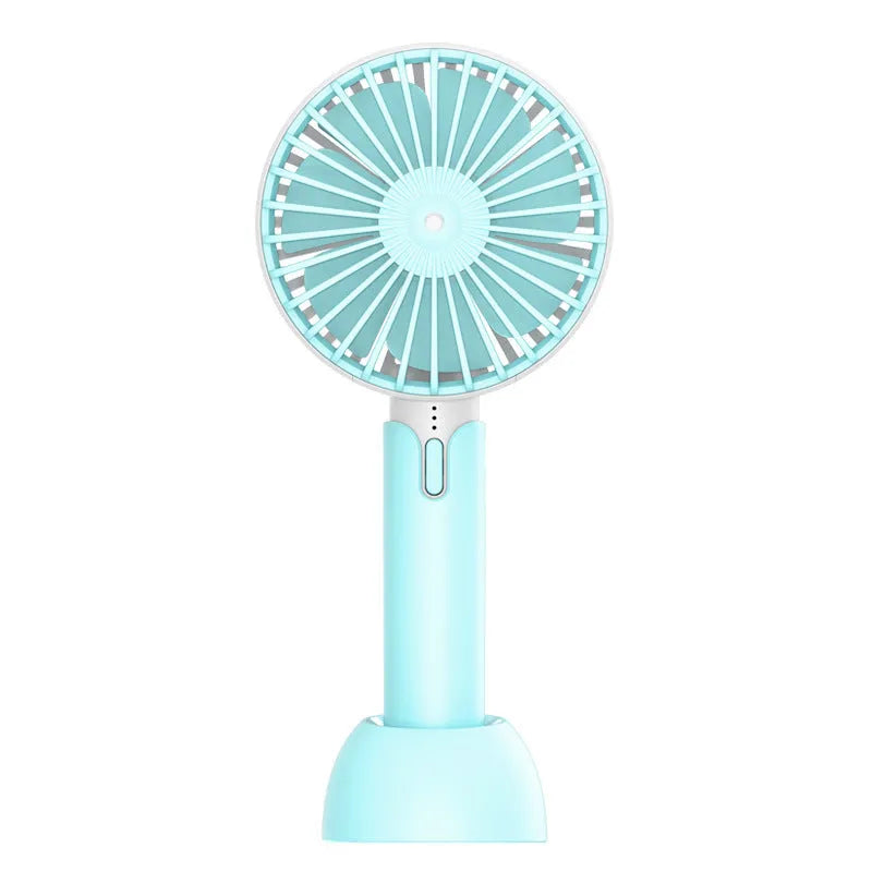 Blue mini USB electric fan with oscillation head and 3 speed controls on desk