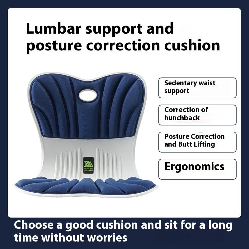Grey ergonomic office seat cushion for waist support and posture correction on a chair.