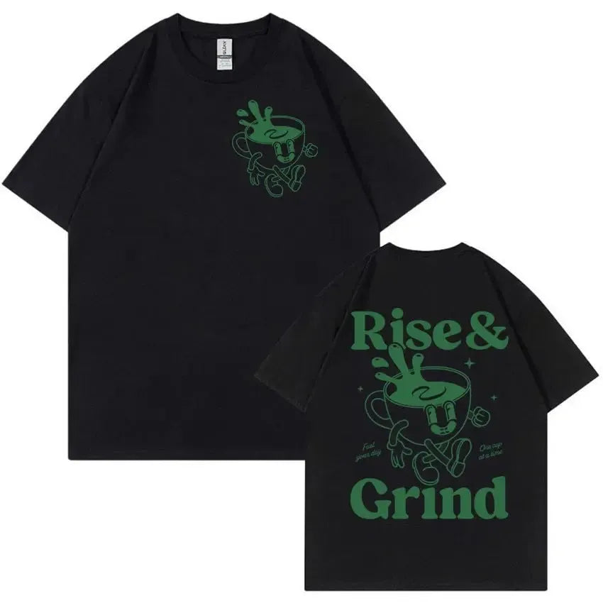 Men's loose fit light grey t-shirt with a green 'Rise and Grind' coffee cartoon print on the front.
