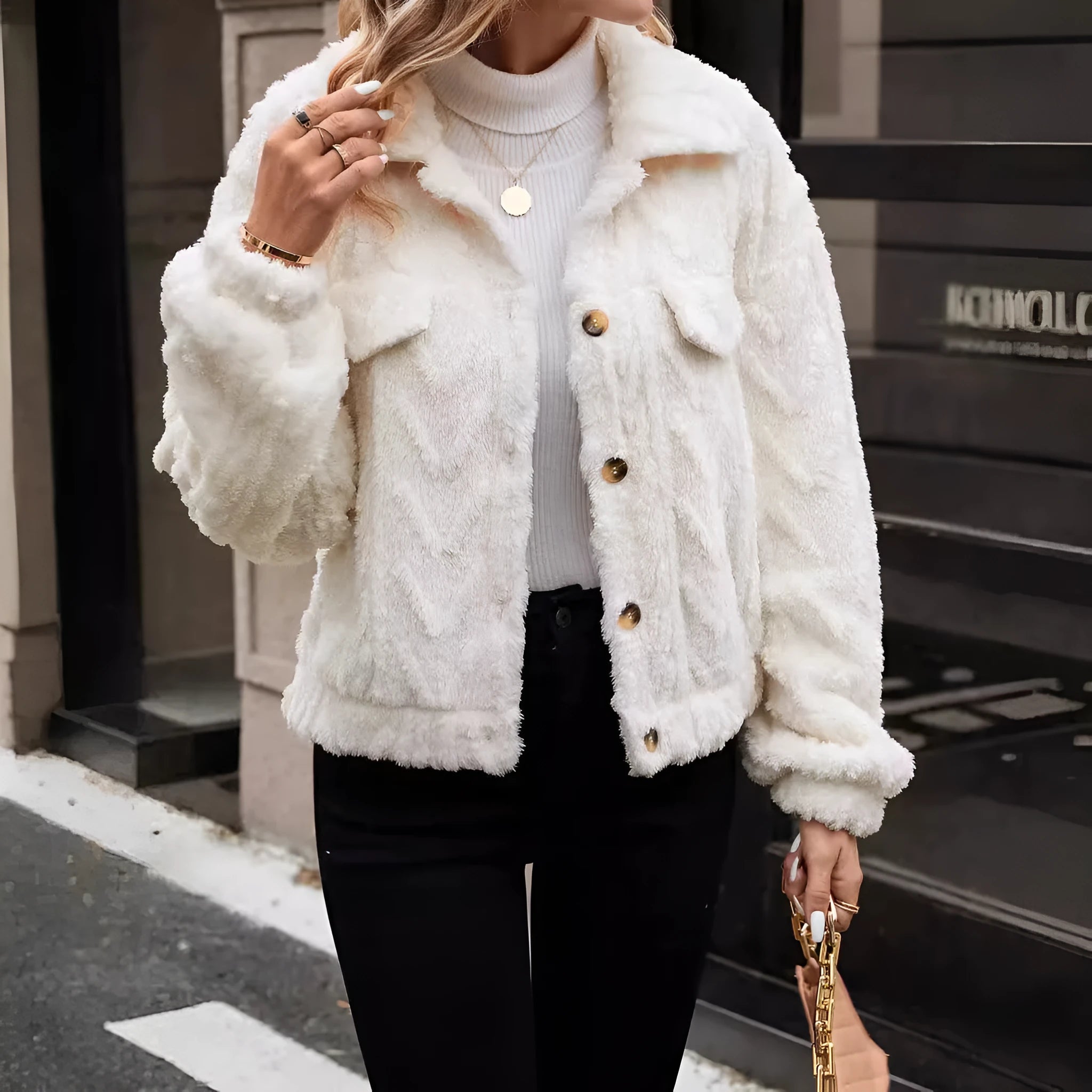 Ivory white women's plush button cardigan coat with regular long sleeves
