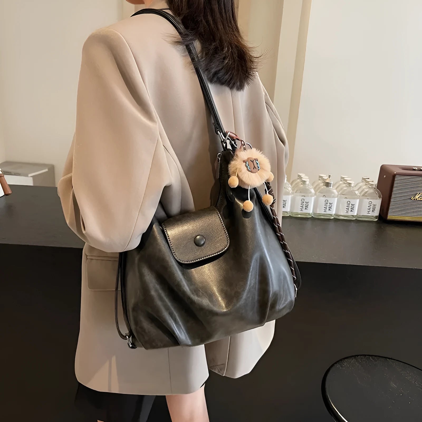 Textured PU women's shoulder bag in horizontal square shape with single strap