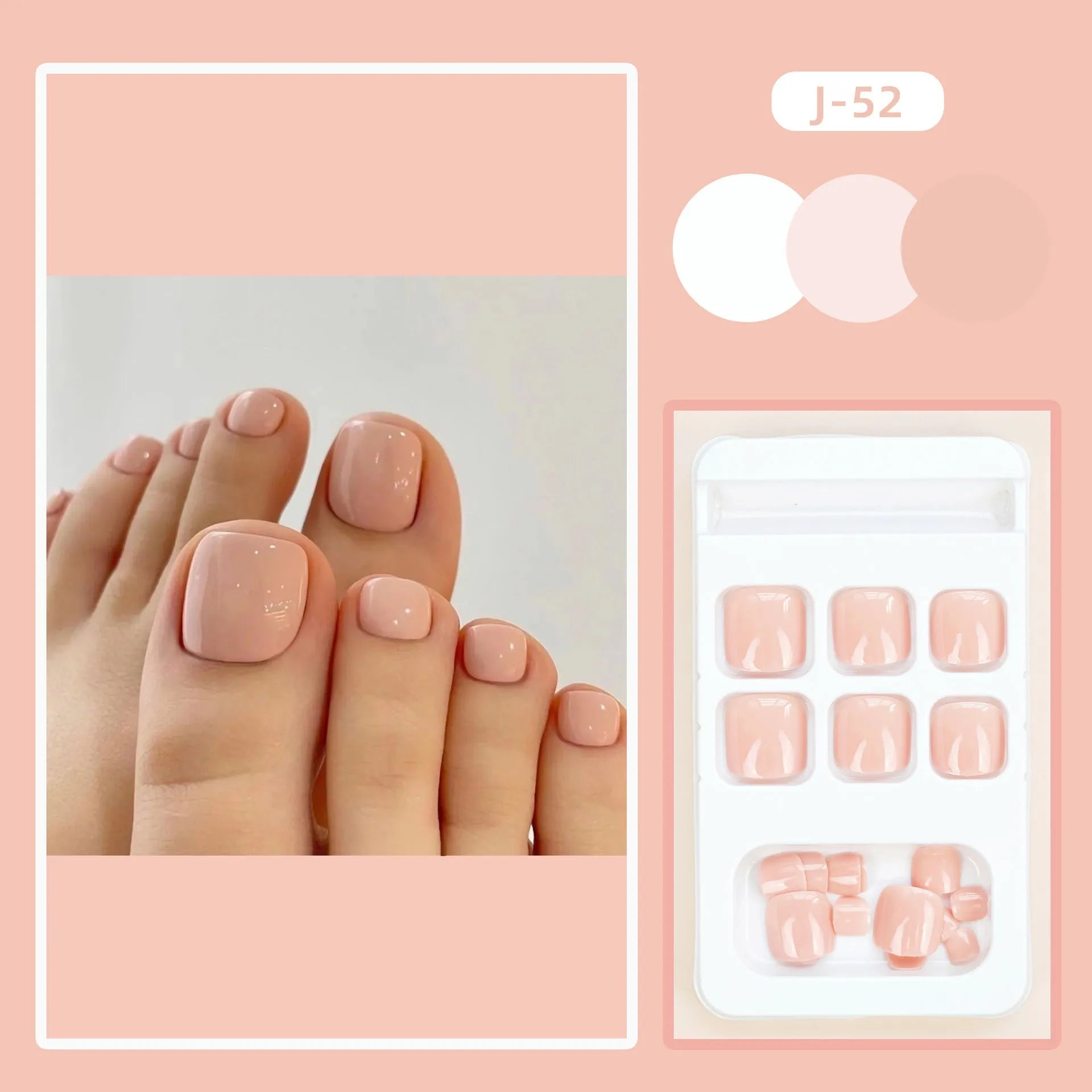 Plastic toenail stickers in skin colour J-52 with a tube of glue for application.