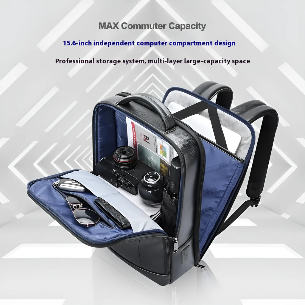 Black cowhide leather business backpack with curved shoulder straps and USB charging port