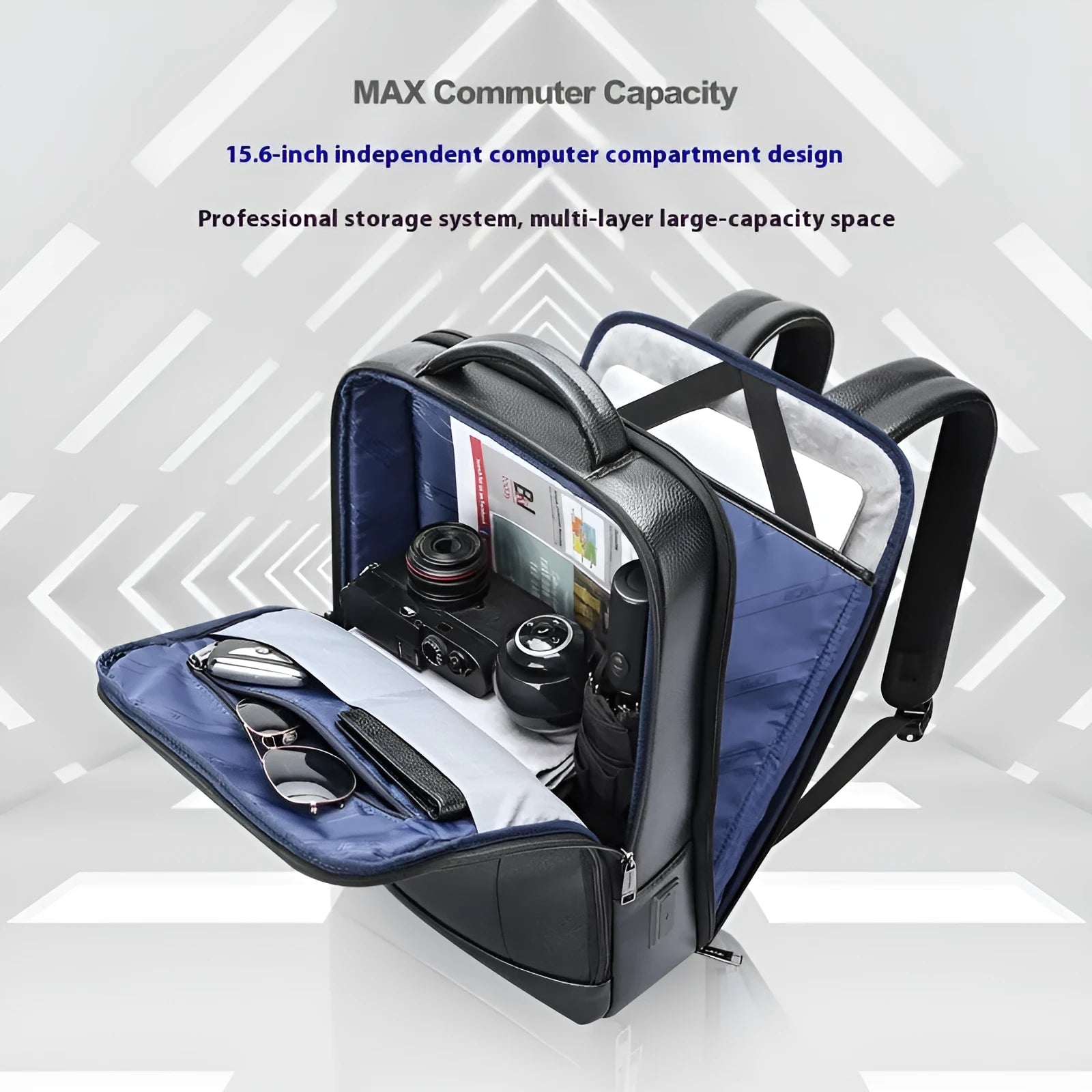 Black cowhide leather business backpack with curved shoulder straps and USB charging port