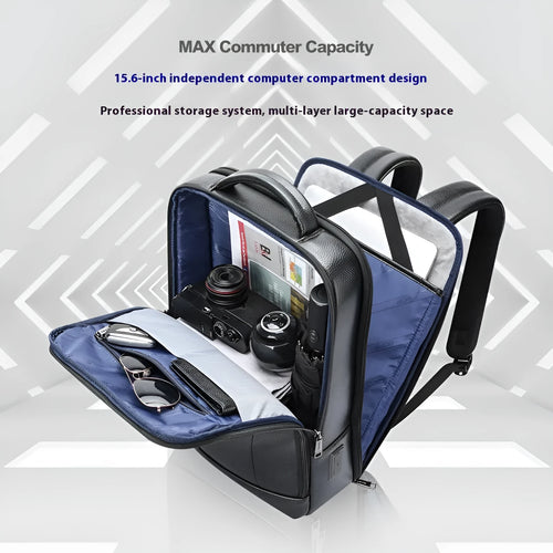 Black cowhide leather business backpack with curved shoulder straps and USB charging port