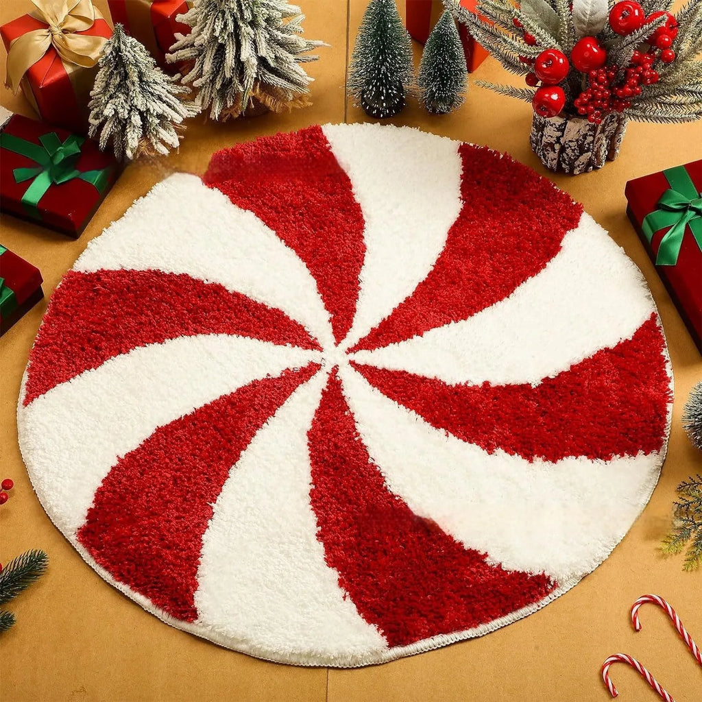 Round Christmas design polyester fibre carpet rug in choice of 60cm or 80cm square size