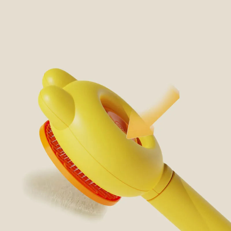 Self-cleaning pet grooming brush in green with stainless steel comb and release button.
