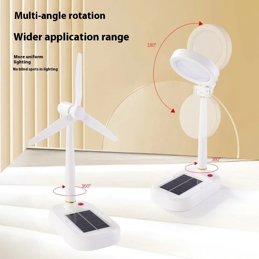 Ivory white solar powered table fan and LED study lamp combination unit on desk