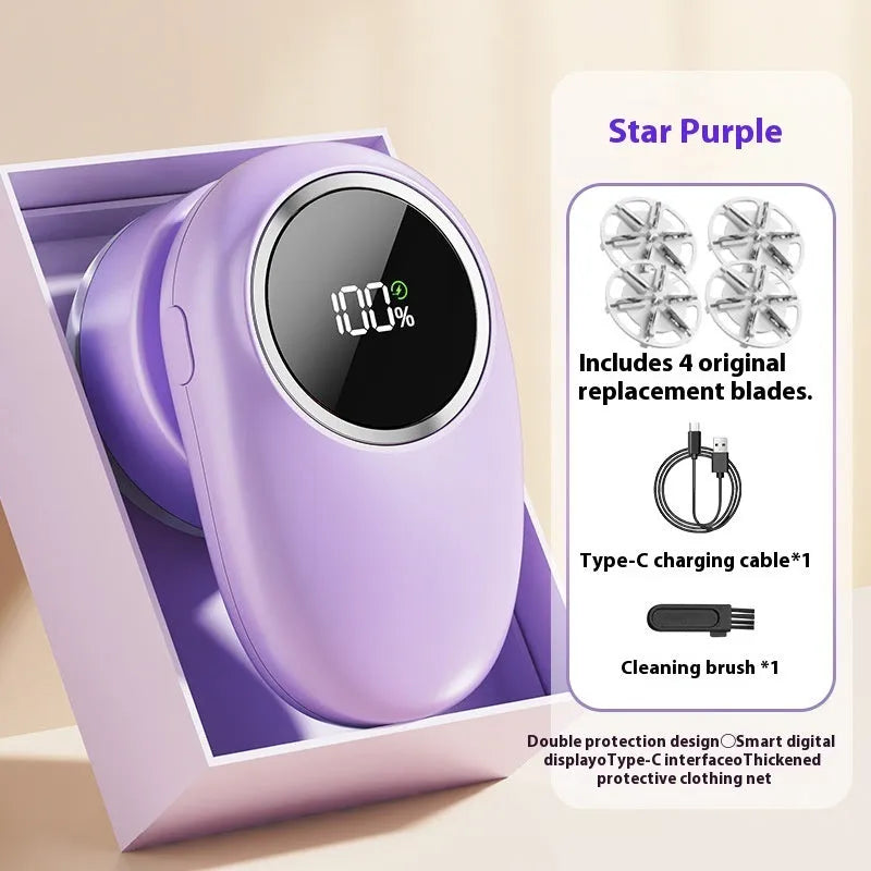 Beige and purple electric fur ball trimmer lint rollers with digital display and rotating cutter heads on a fabric surface.