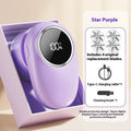 Beige and purple electric fur ball trimmer lint rollers with digital display and rotating cutter heads on a fabric surface.