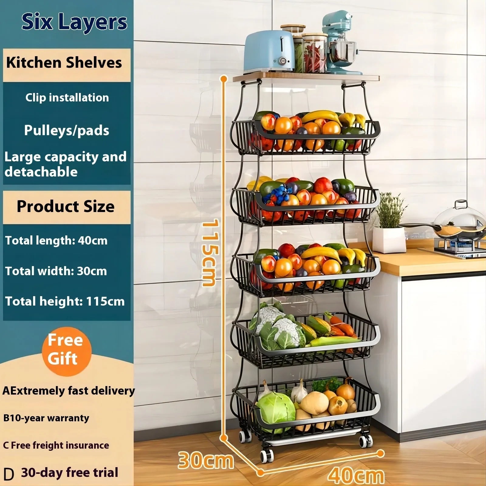 Black six-layer freestanding kitchen storage rack trolley made of carbon steel.