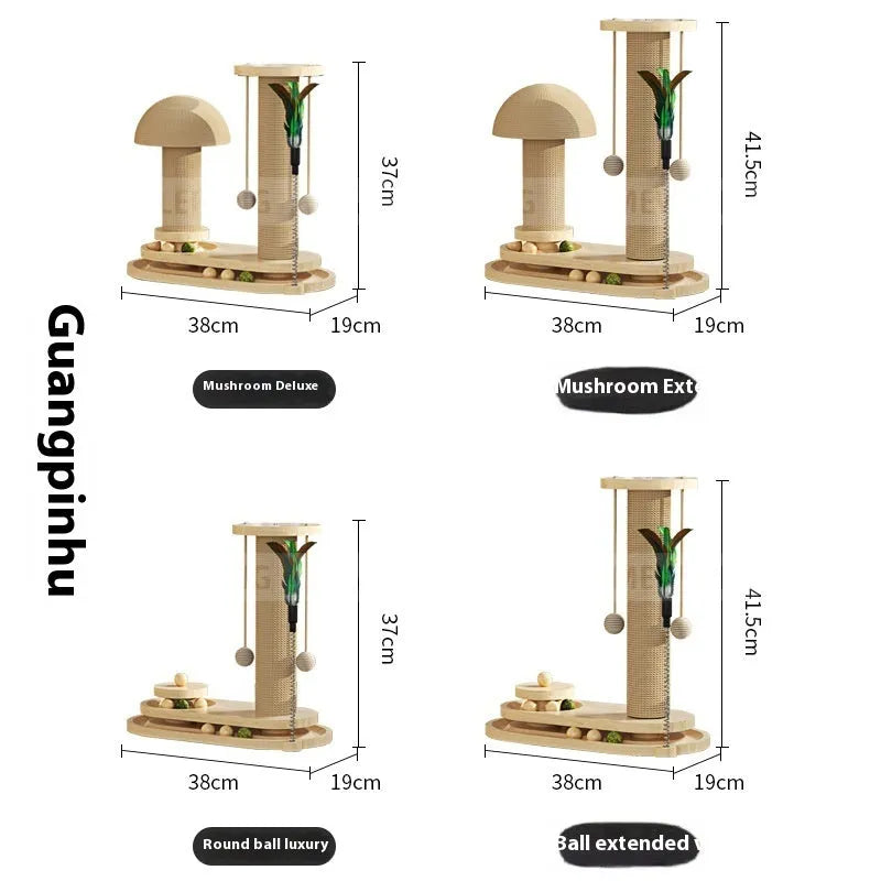 Solid wood cat turntable scratching post with oval mushroom design and natural finish for indoor climbing