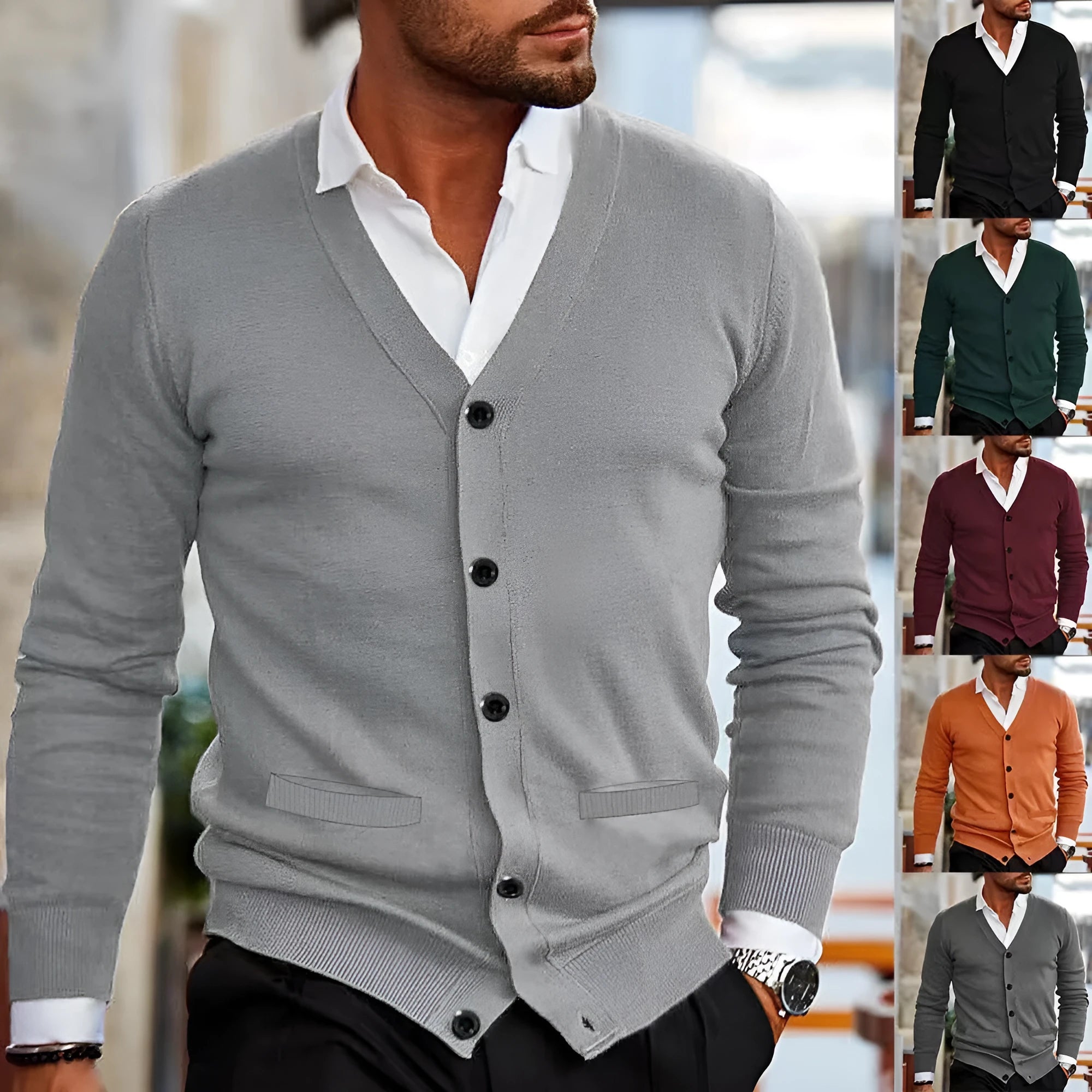 Men's slim fit acrylic cardigan sweater coat in various colours on a size chart background.