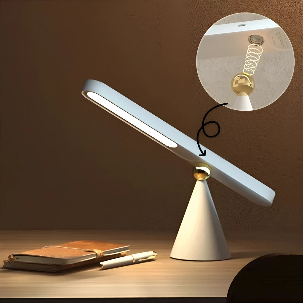 Geometric table lamp with magnetic suction base showing white and khaki colour options