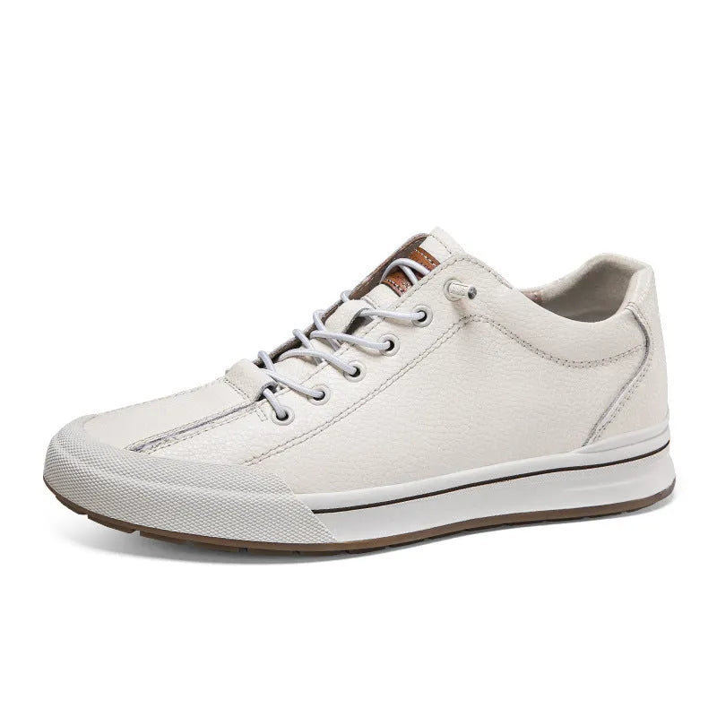 Men's white and black matte leather casual shoes with flat heel and round toe, shown in various colour and lining options.