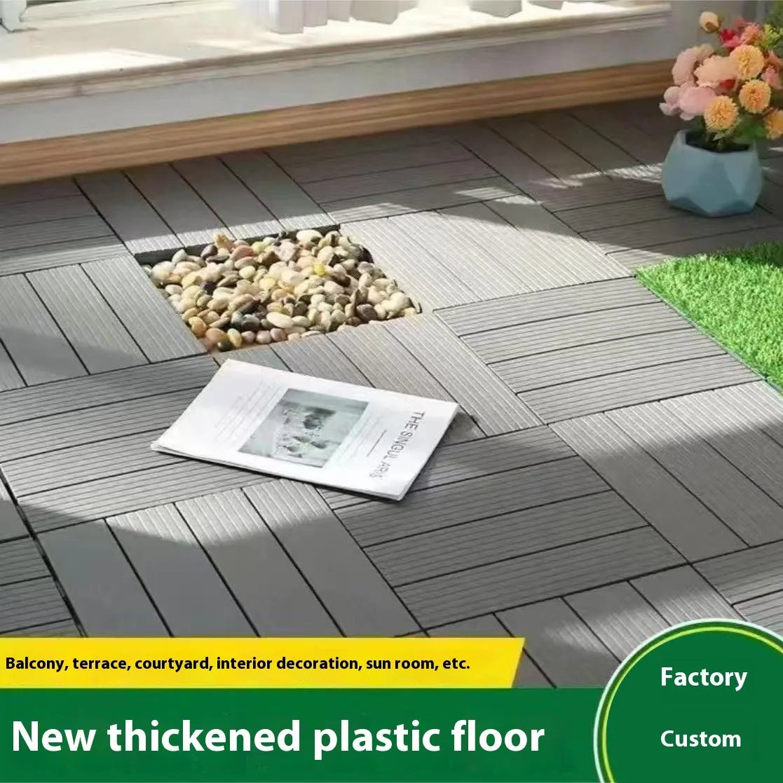 Ten square plastic floor tiles with a wood grain pattern, showing a non-slip surface.