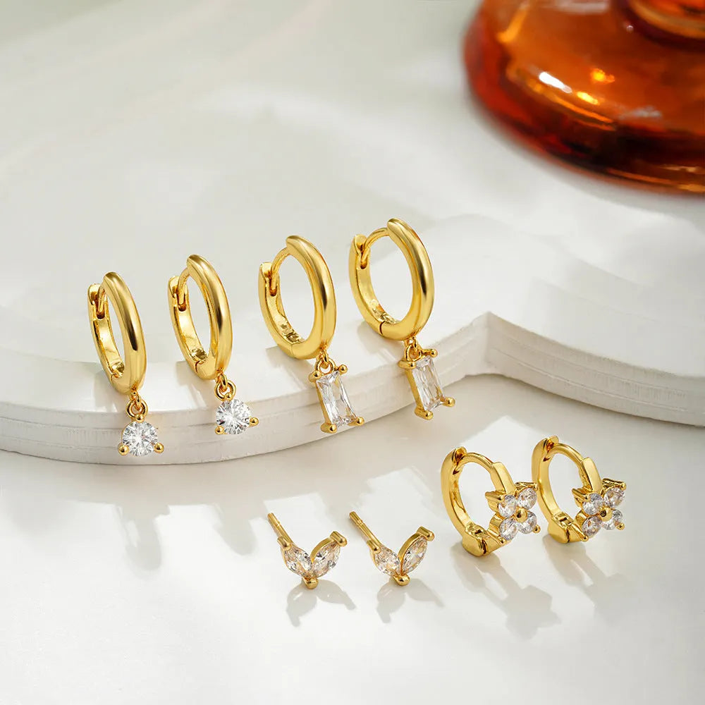 Geometric square copper earrings for women with zircon detailing in gold and silver electroplated finishes
