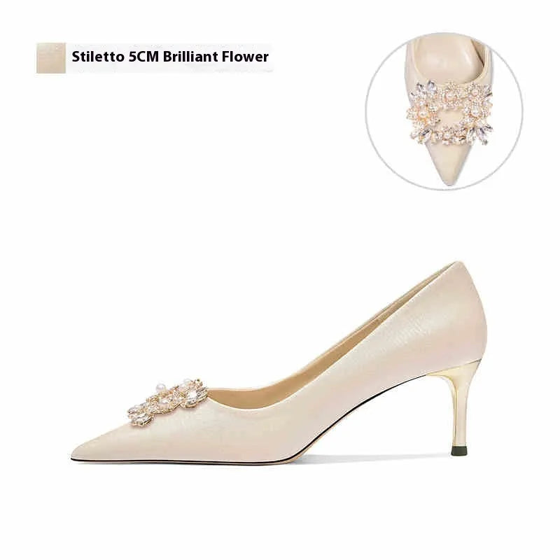 French wedding crystal bridal high heels with pointed toe and rhinestone decoration