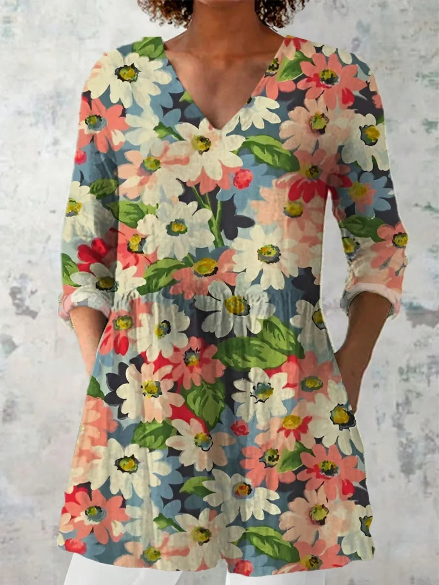 Women's retro slim fit long-sleeved top with digital printing, available in multiple colours.