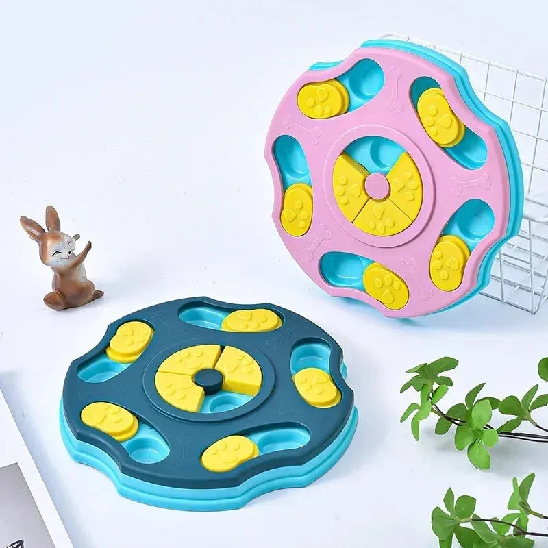 Blue and pink dog puzzle feeder toy for aggressive chewers with food bowl and interactive game design