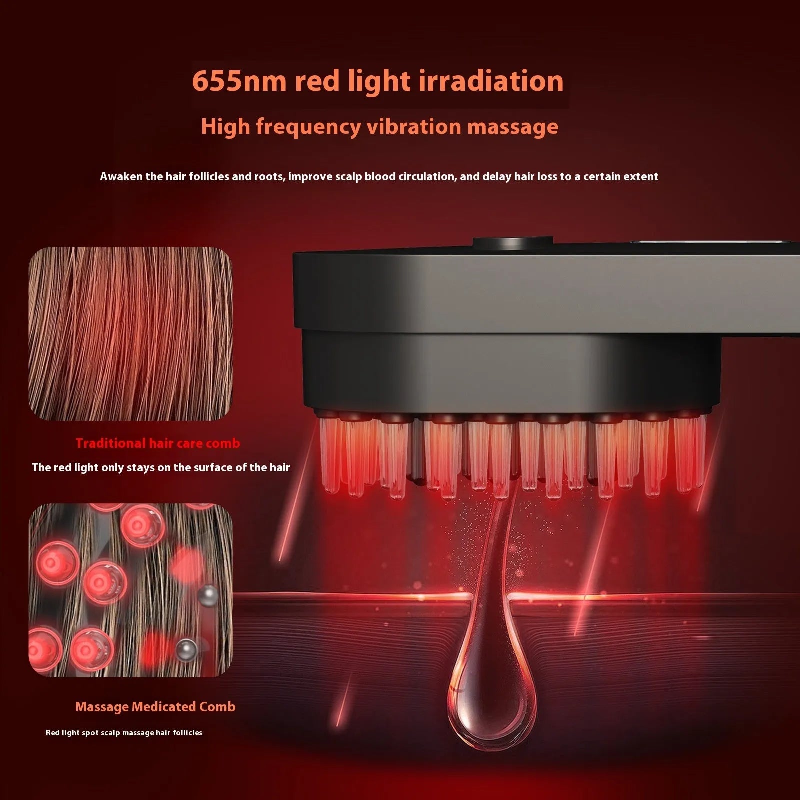 Pink and black smart massage comb with red light therapy for head care under 10cm