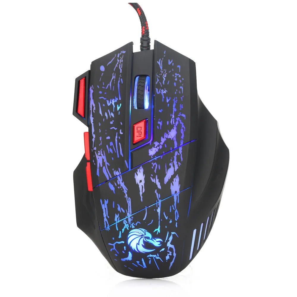 Water Crack colourful luminous wired gaming mouse with USB cable on desktop