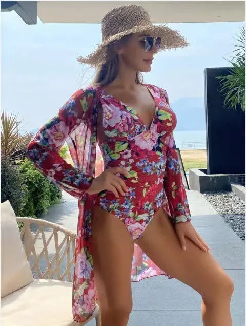 Women's floral tight bikini three-piece suit with coat in polyester fabric