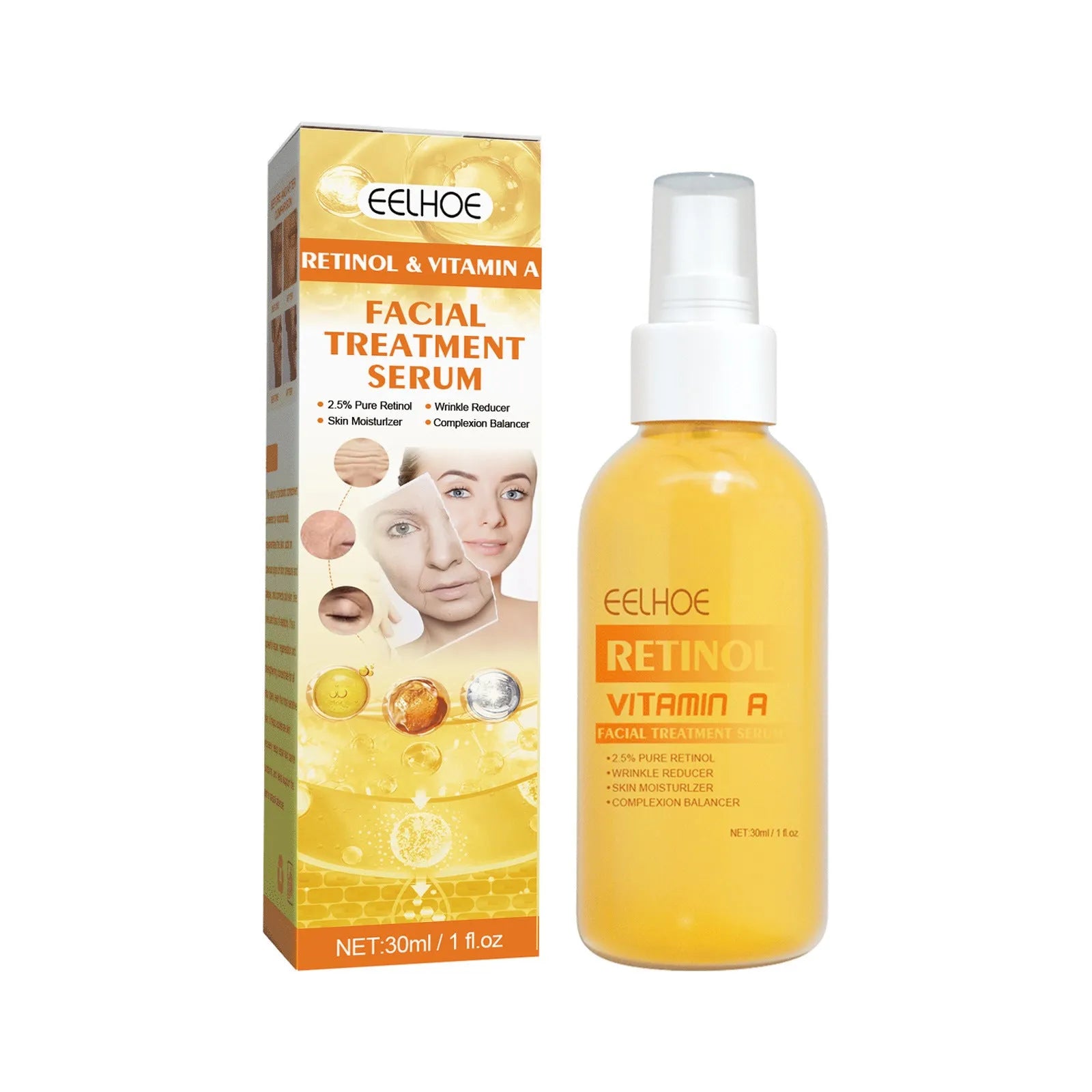 Boxed 30ml Retinol Anti-Wrinkle Essence Spray bottle for facial fine line reduction.
