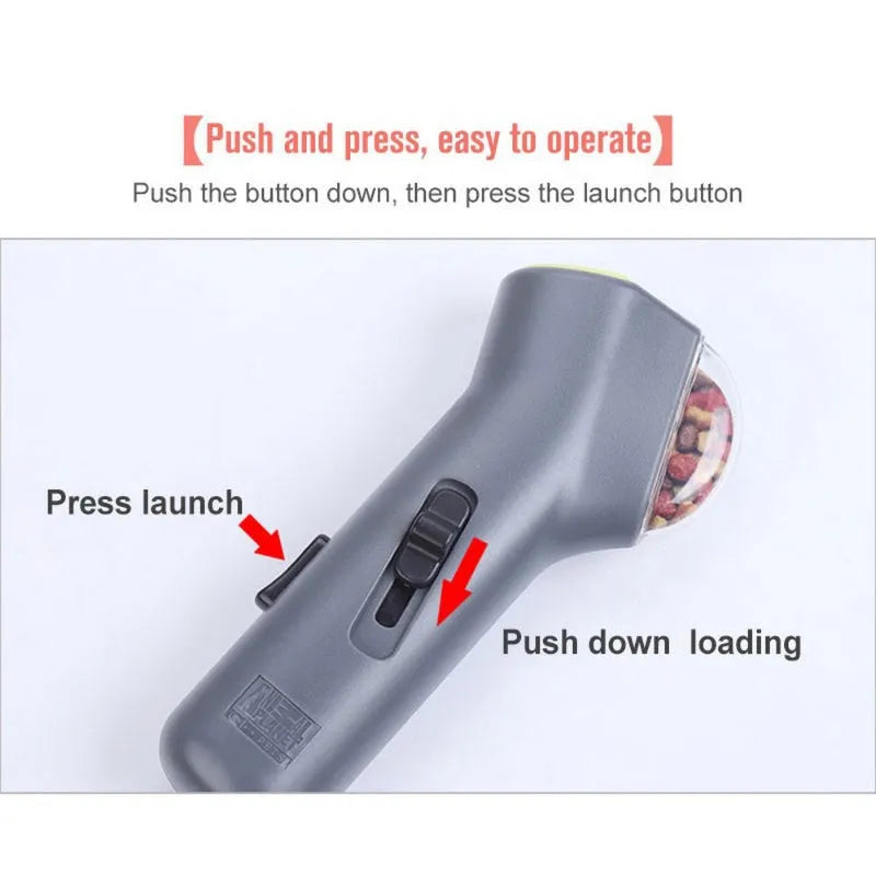 Grey pet snack catapult launcher for dog and cat training with spring trigger mechanism