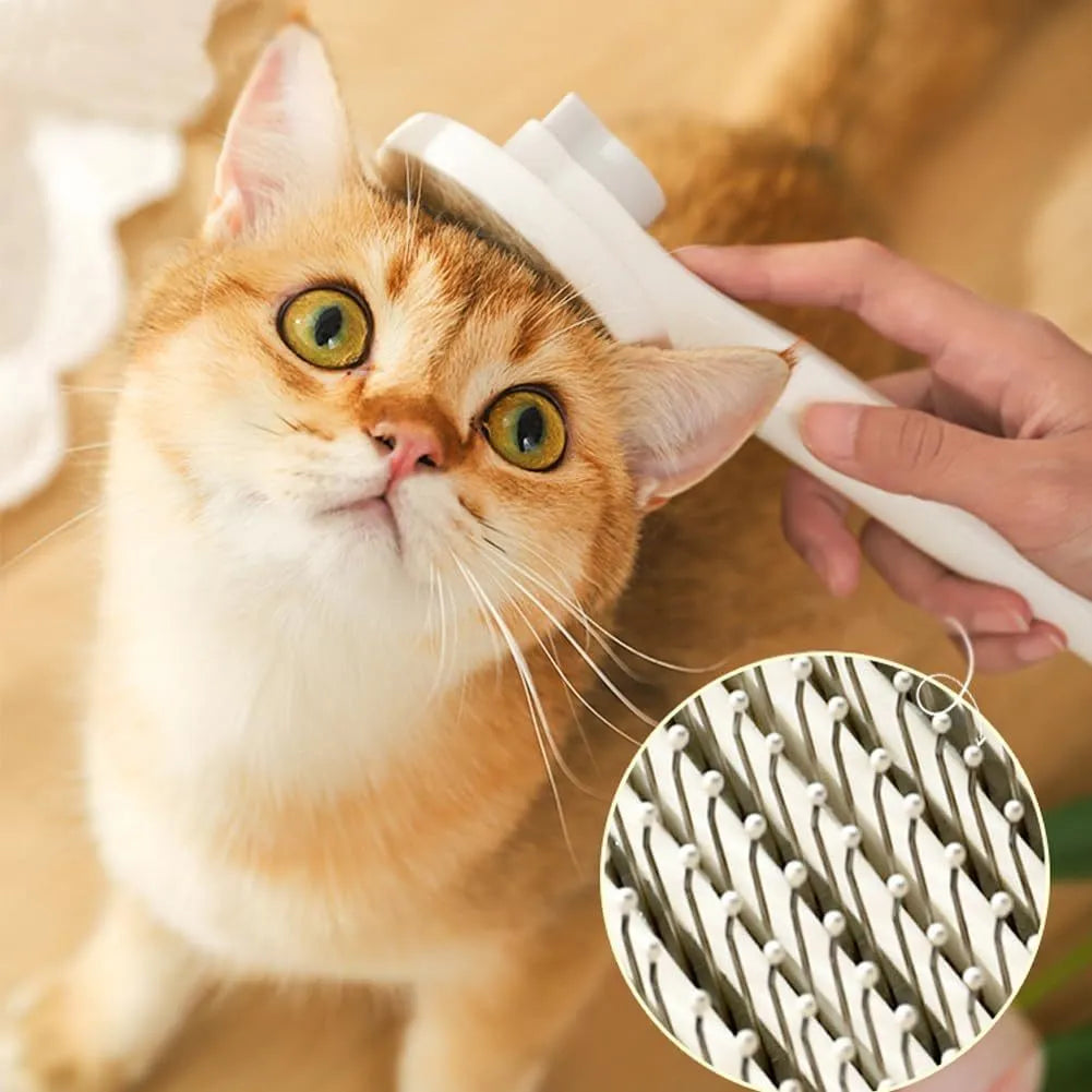 Blue self-cleaning cat brush with a rubber handle and round-tipped metal pins.