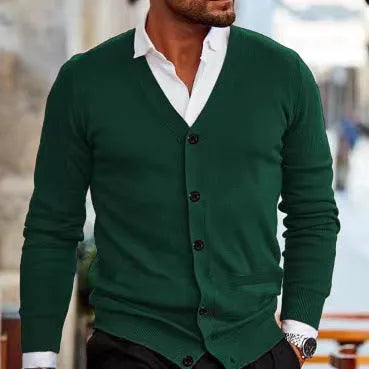 Men's slim fit acrylic cardigan sweater coat in various colours on a size chart background.