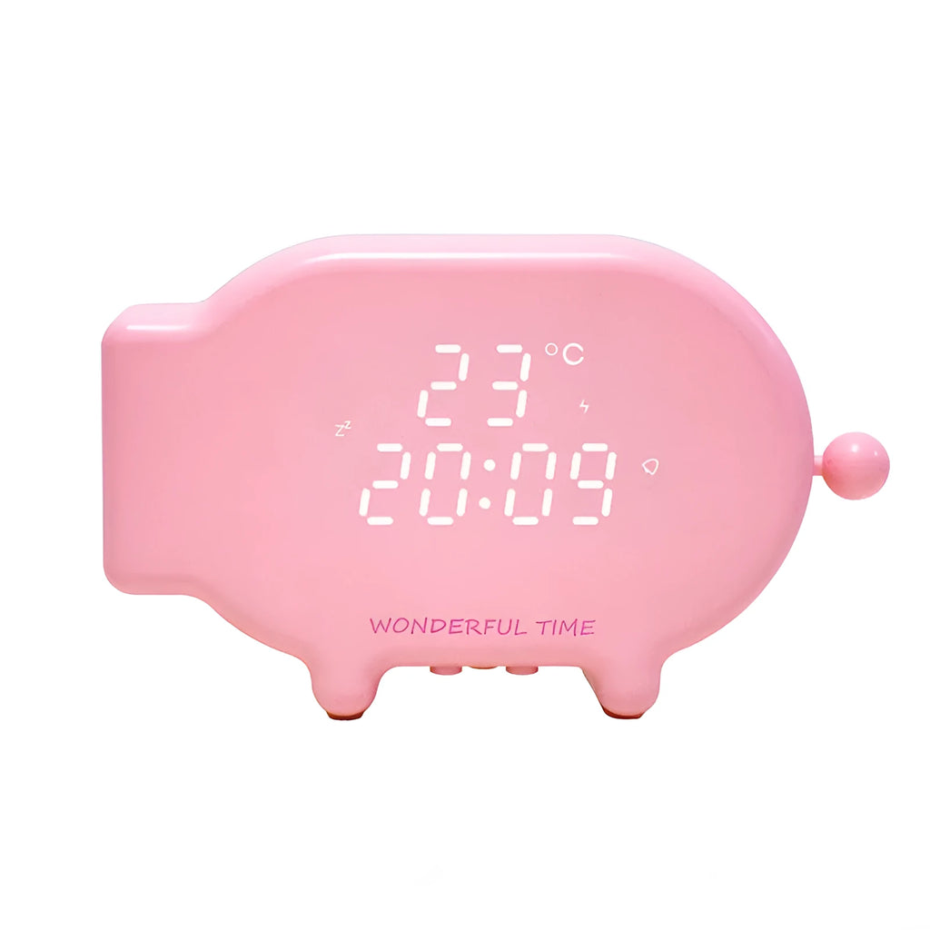 Blue multifunctional LED alarm clock showing time and temperature with USB charging cable