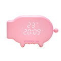 Blue multifunctional LED alarm clock showing time and temperature with USB charging cable