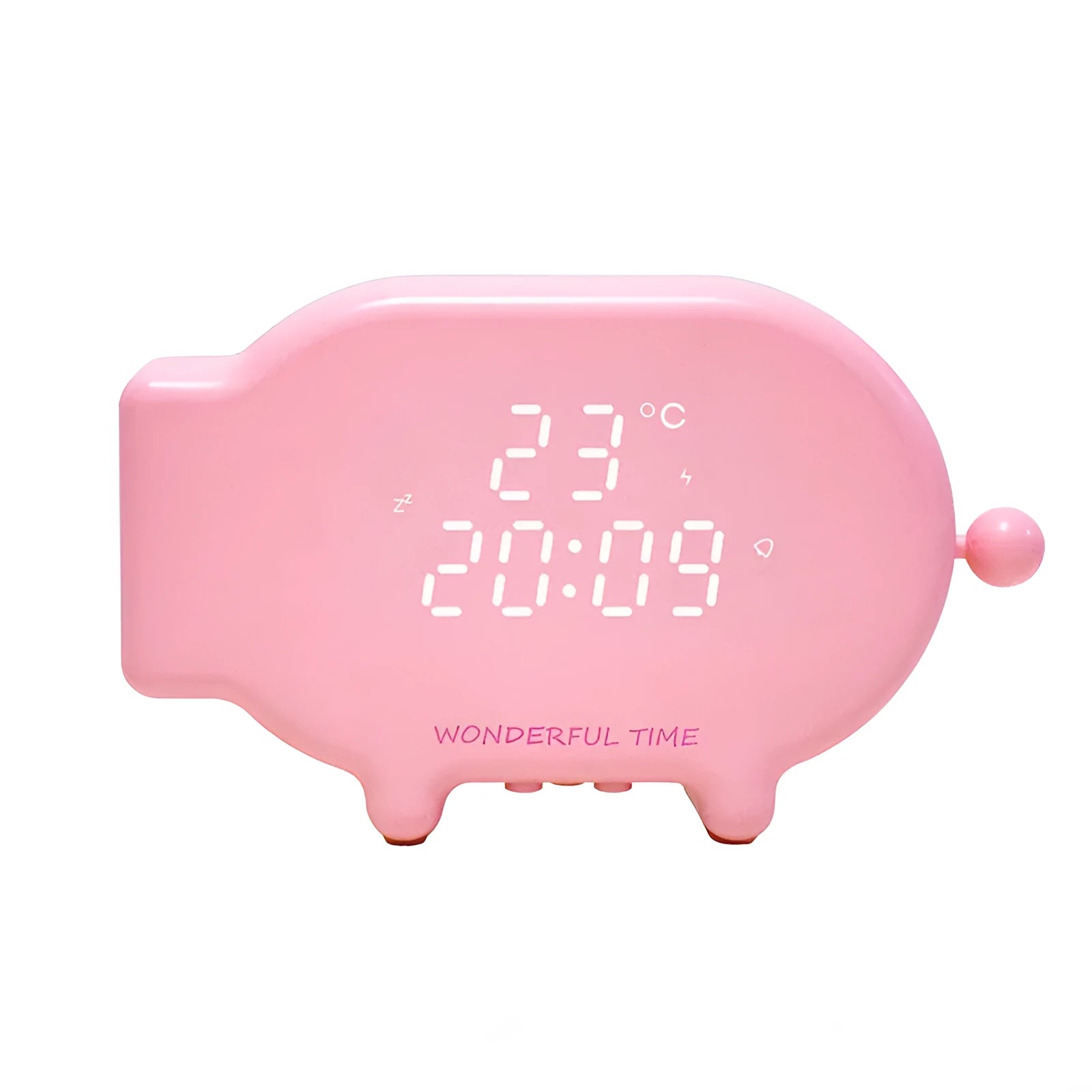 Blue multifunctional LED alarm clock showing time and temperature with USB charging cable