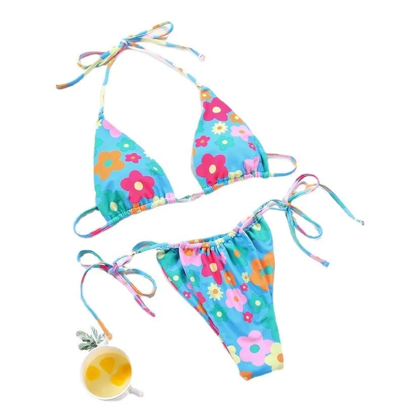 Women's polka dot print split swimsuit bikini with triangle bottom and matching bra