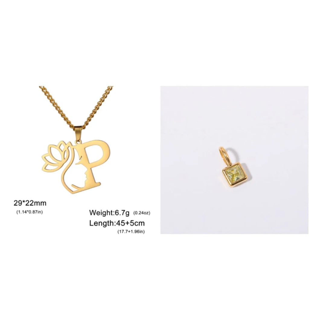 Stainless steel necklace with cross chain and a single letter pendant in gold or silver finish.